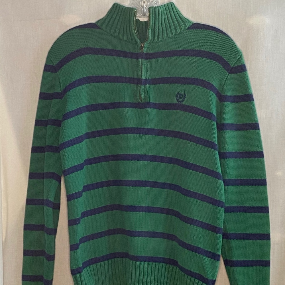 Chaps Green Striped Quarter-Zip Sweater